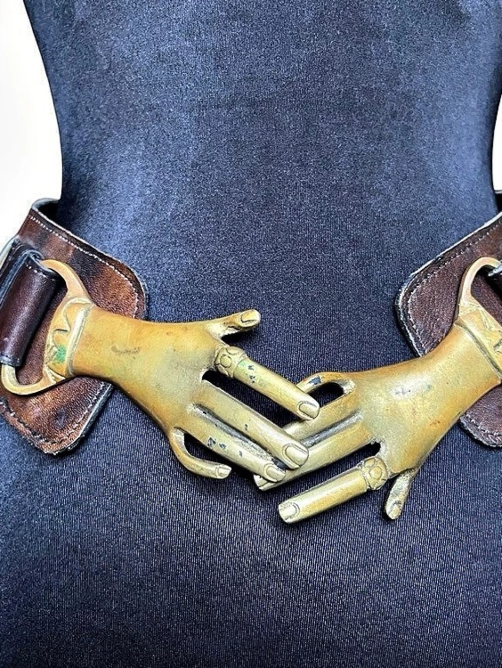 Victorian Surrealist Vintage 1970s Clasping Hands Belt Gold Brown Leather M L XL